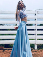 Blue Two-Piece Long Sleeve Lace Prom Dress